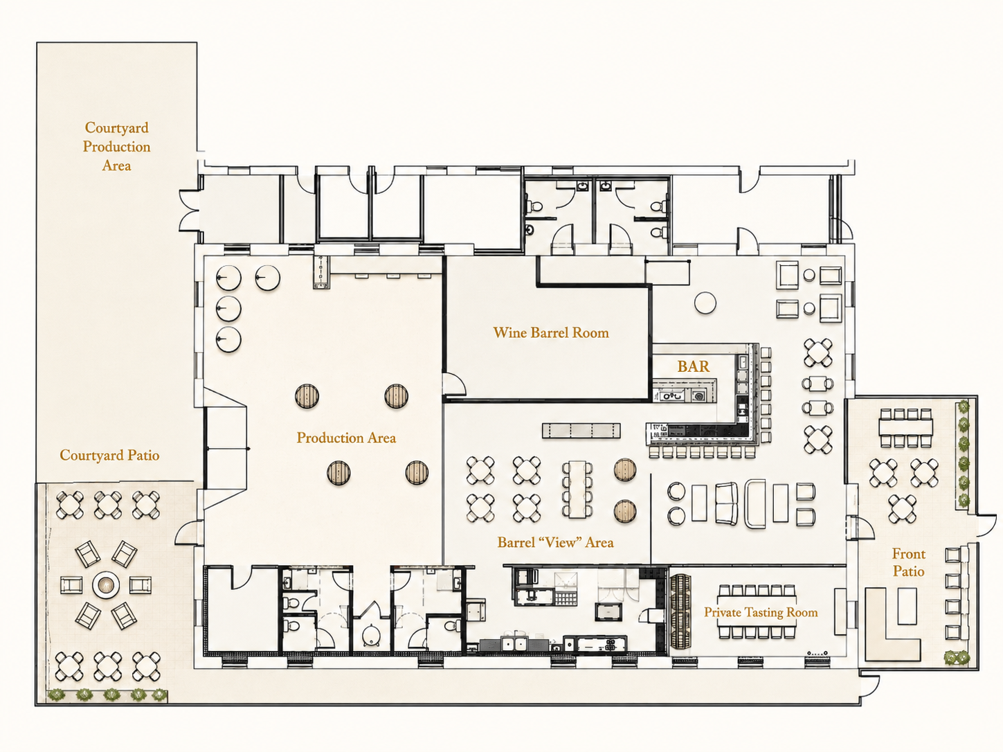 Bigsby's Folly floor plan showing the bar, wine barrel room, barrel view area, private tasting room, production area, front patio and courtyard patio