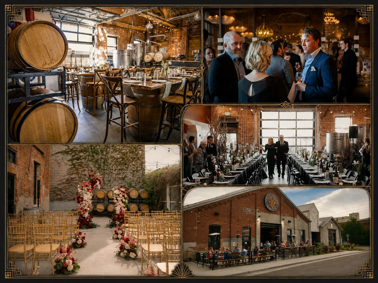 Collage of Bigsby's Folly private events — barrel-room dinner, cocktail reception under chandeliers, long banquet table in the production hall, courtyard ceremony with floral arch, and the brick warehouse facade