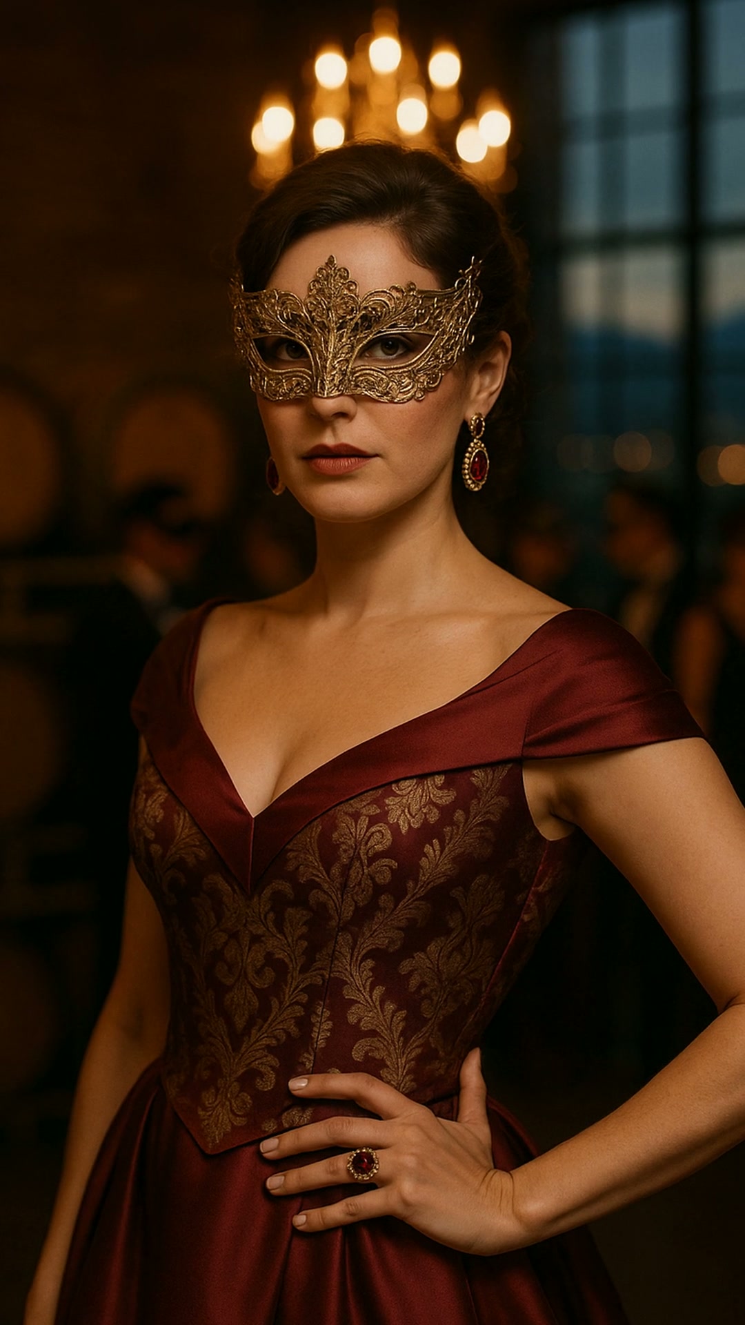A woman in a burgundy brocade gown with a gold filigree mask and jeweled earrings
