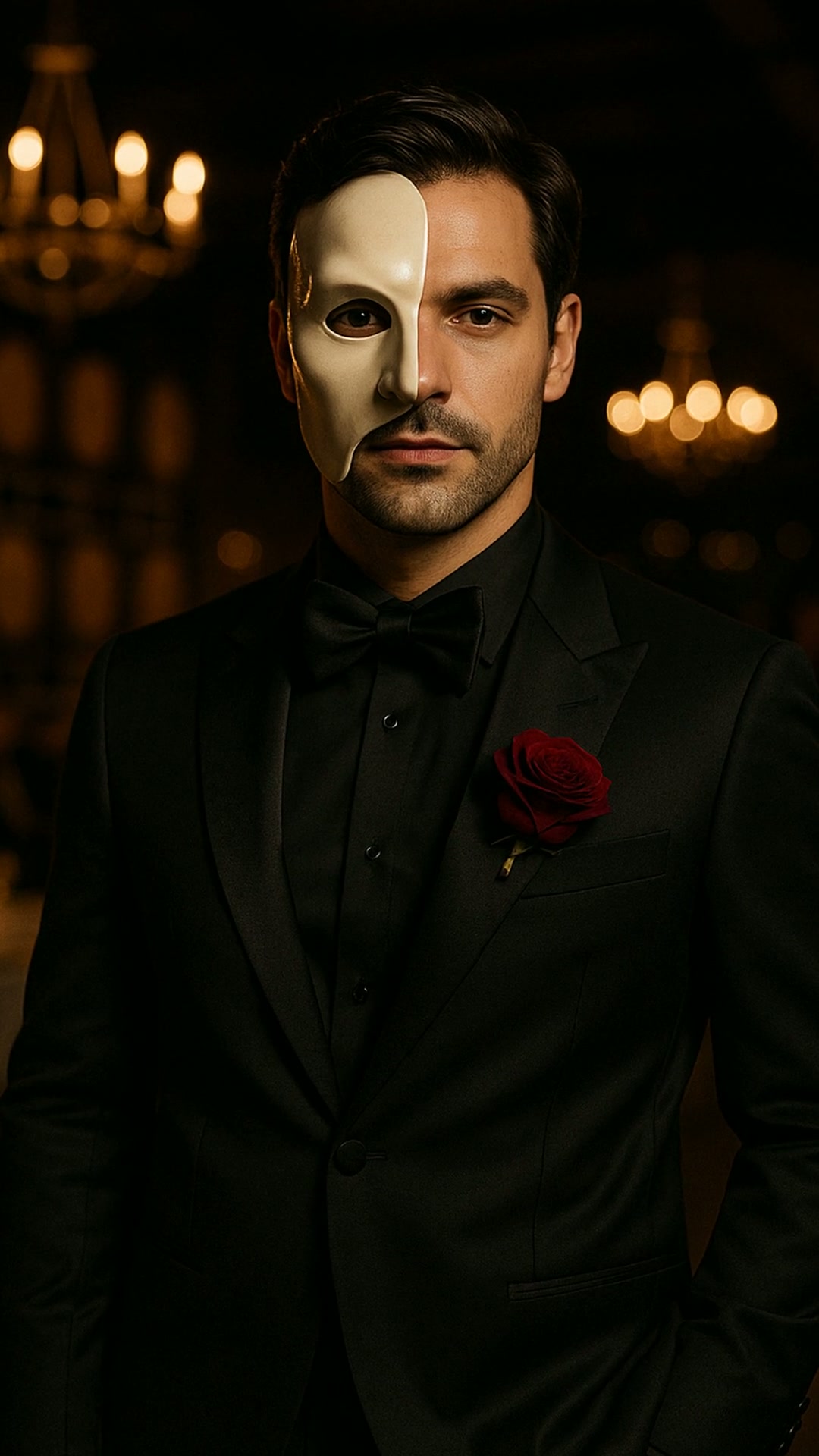 A man in a black tuxedo with a white half mask and a red rose boutonnière, chandeliers behind him