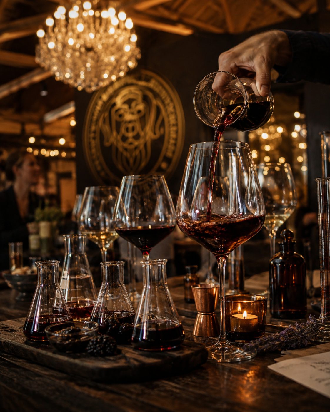 Red wine poured into glasses beneath a chandelier