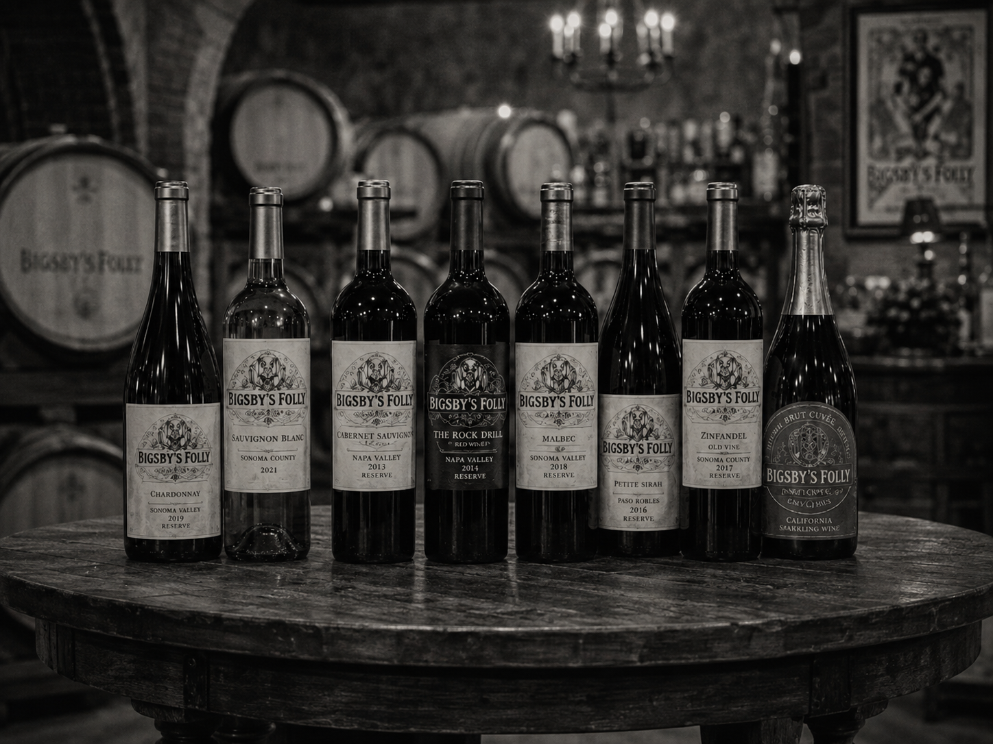 Lineup of Bigsby's Folly bottles on a wooden table in the barrel cellar
