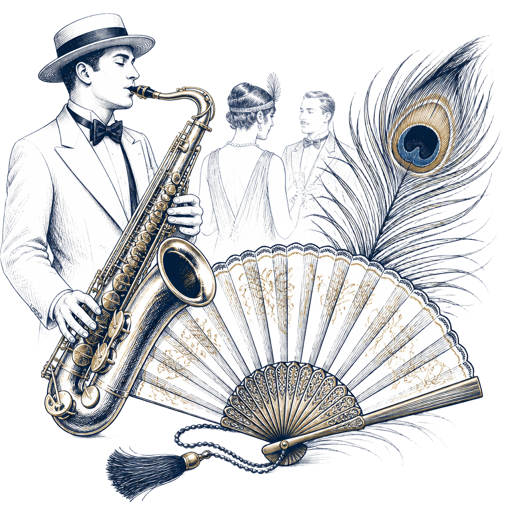 Pen-and-ink illustration of a saxophone player, hand fan and peacock feather
