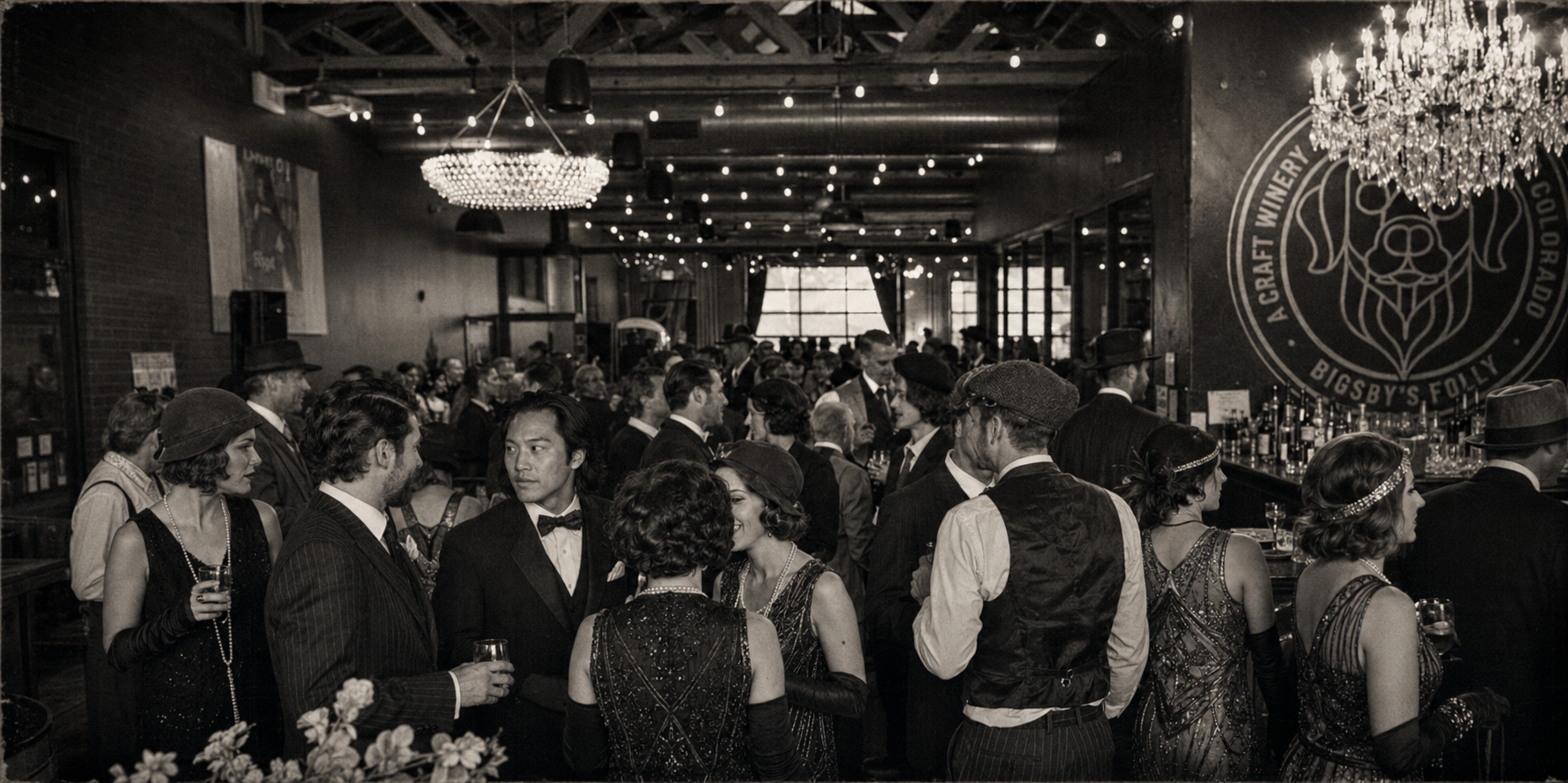 Guests in 1920s attire gathered beneath crystal chandeliers in the Bigsby's Folly event hall