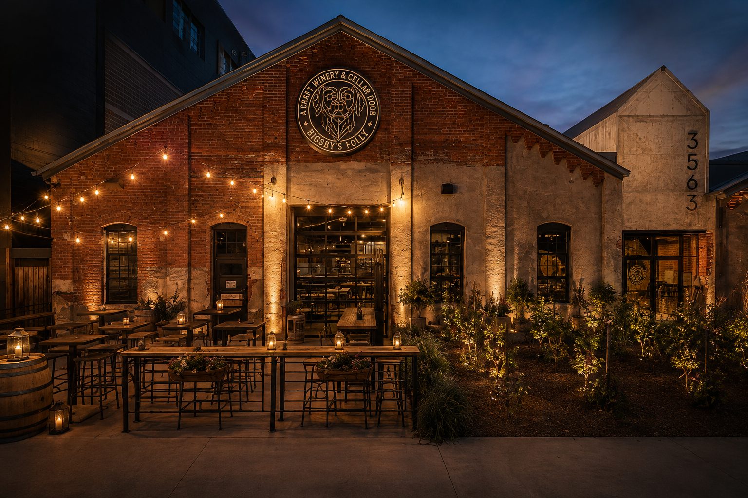 The brick front of Bigsby's Folly lit with string lights at dusk