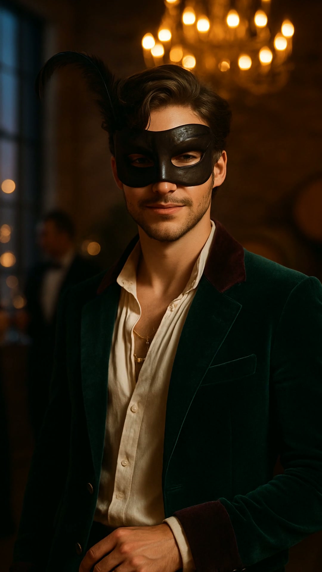 A man in a green velvet jacket and cream shirt with a black leather eye mask and a feather