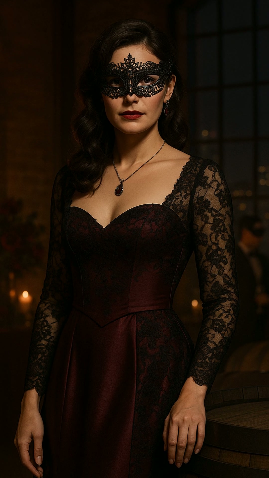 A woman in a black lace gown with a black lace mask and a dark red lip beside a wine barrel
