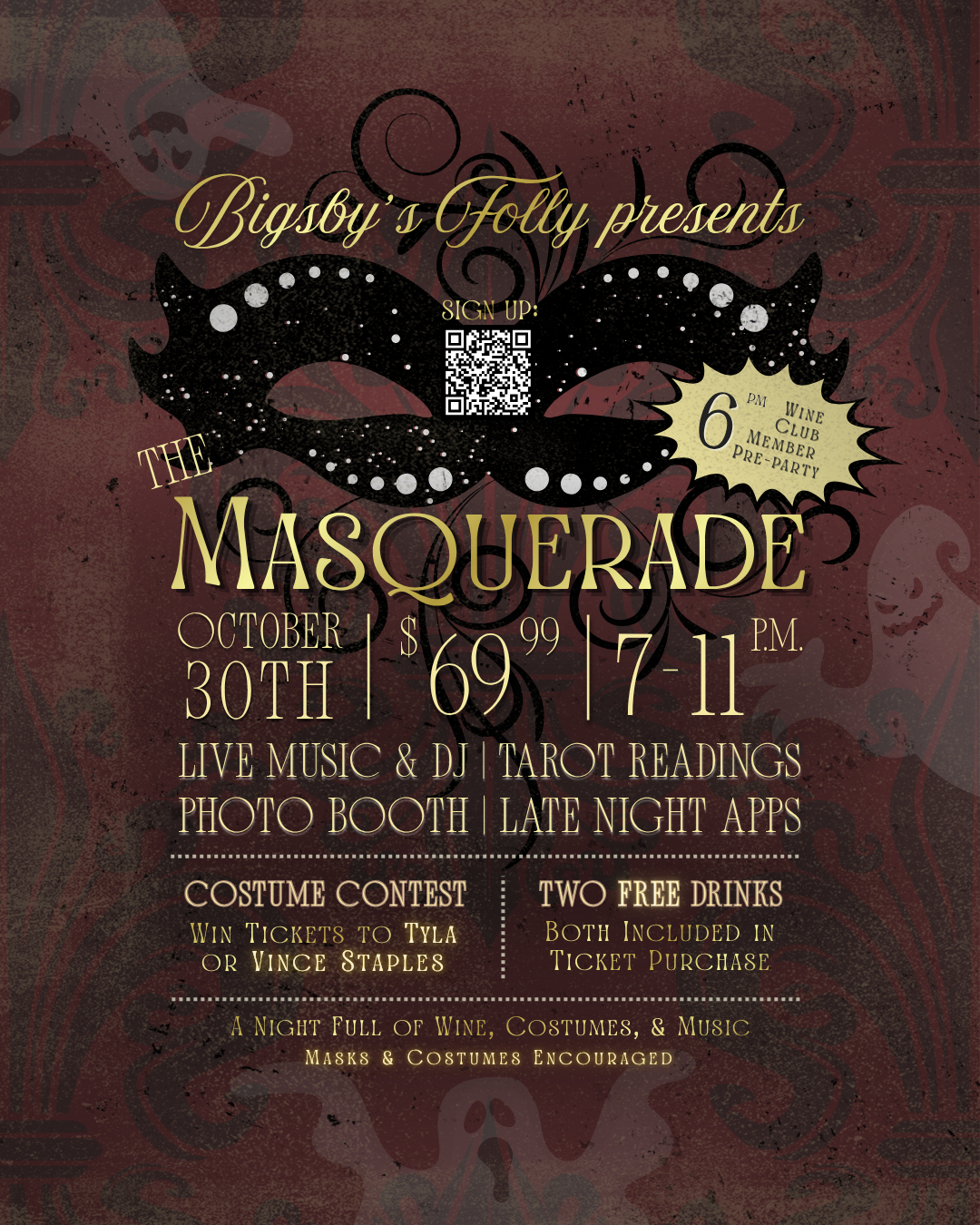 The Masquerade at Bigsby's Folly flyer: October 30th, 7–11 PM