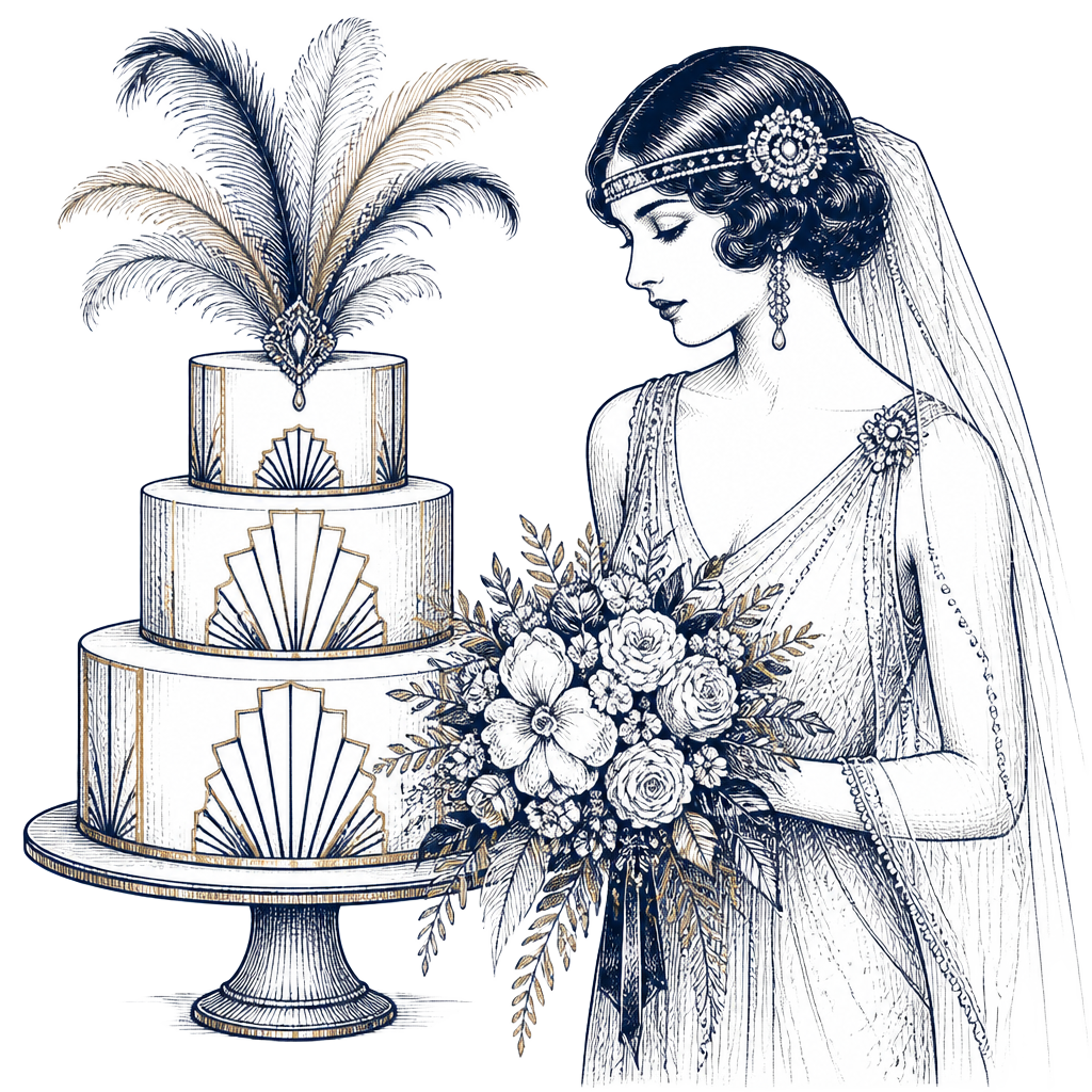 Pen-and-ink illustration of an art deco wedding cake and 1920s bride