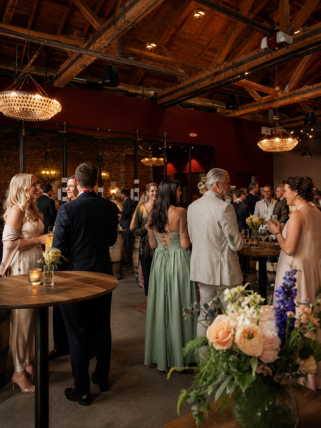 Wedding guests mingling around cocktail tables and flowers under chandeliers