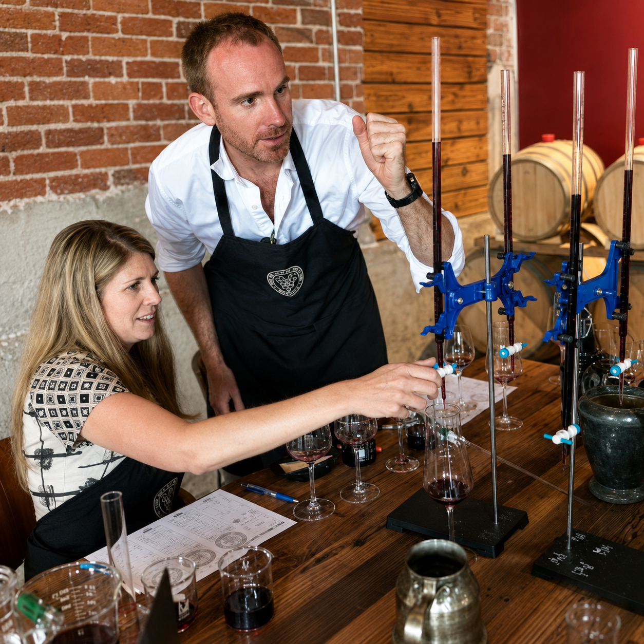 A Bigsby's Folly winemaker guiding a guest through a barrel-side blending session with graduated cylinders and glasses